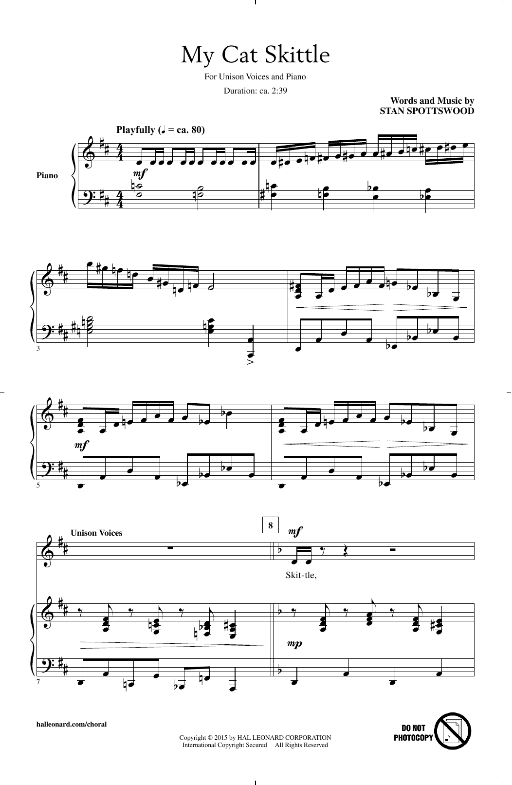 Stan Spottswood My Cat Skittle Sheet Music Notes & Chords for Unison Choral - Download or Print PDF