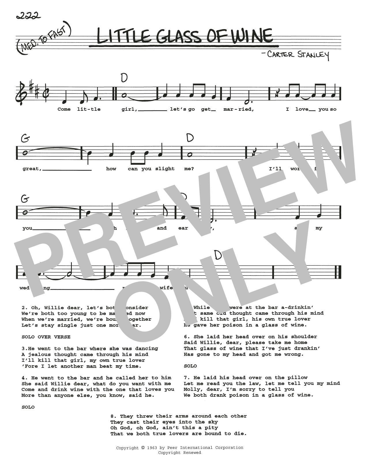 Stanley Carter Little Glass Of Wine Sheet Music Notes & Chords for Real Book – Melody, Lyrics & Chords - Download or Print PDF