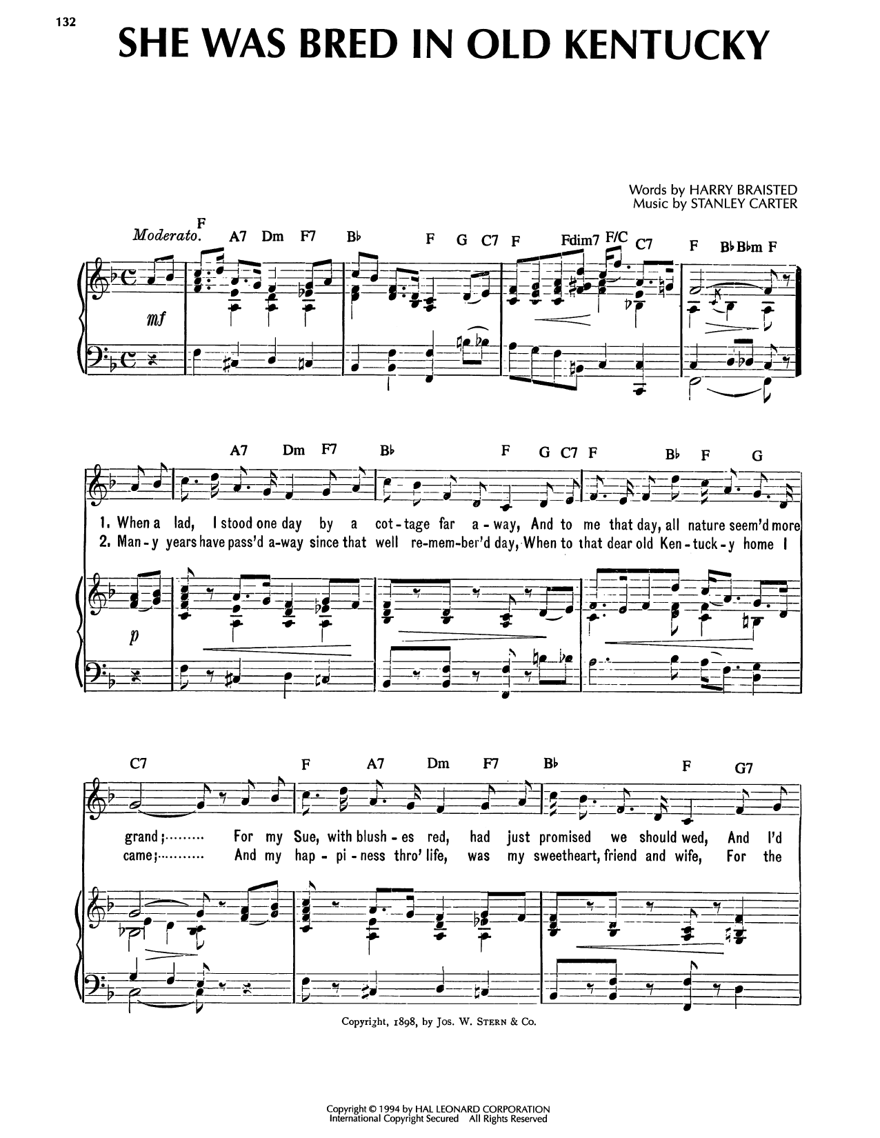 Stanley Carter She Was Bred In Old Kentucky Sheet Music Notes & Chords for Piano, Vocal & Guitar Chords (Right-Hand Melody) - Download or Print PDF
