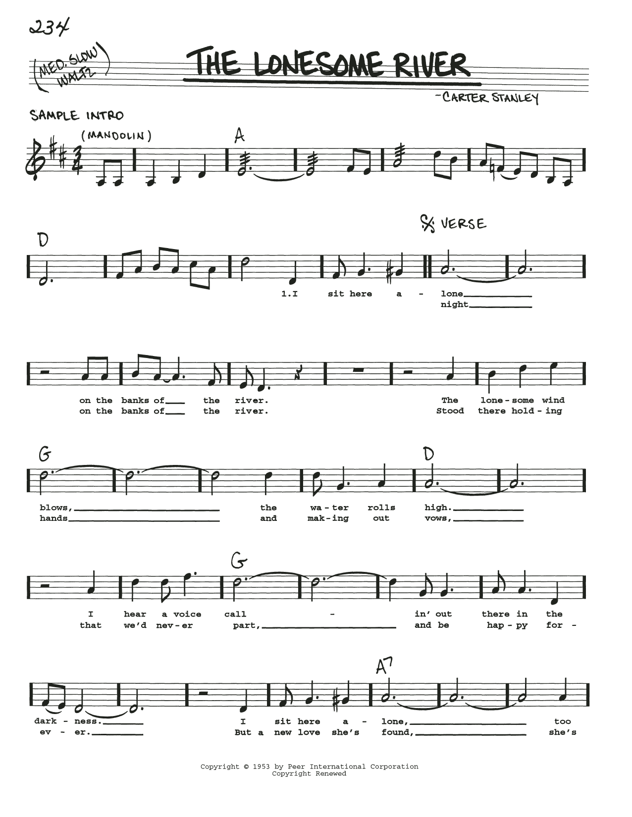 Stanley Carter The Lonesome River Sheet Music Notes & Chords for Real Book – Melody, Lyrics & Chords - Download or Print PDF
