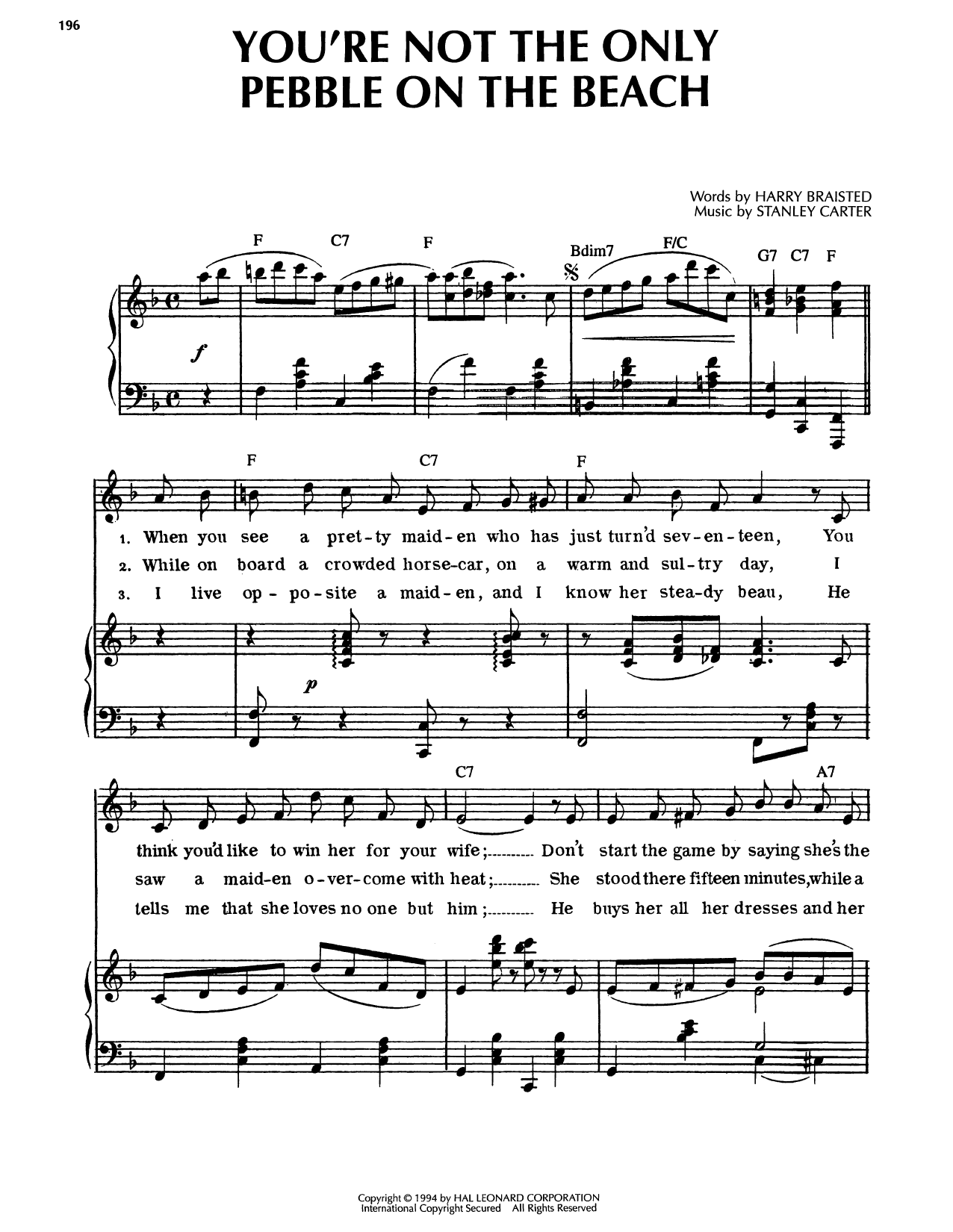 Stanley Carter You're Not The Only Pebble On The Beach Sheet Music Notes & Chords for Piano, Vocal & Guitar Chords (Right-Hand Melody) - Download or Print PDF