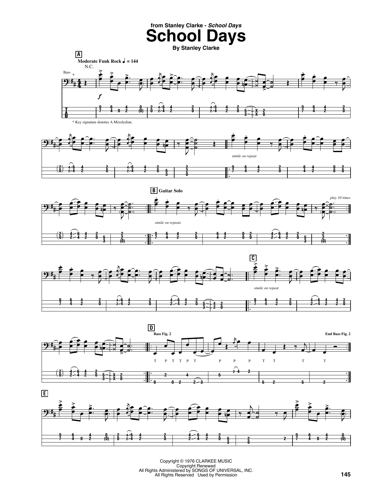 Stanley Clarke School Days Sheet Music Notes & Chords for Bass Guitar Tab - Download or Print PDF