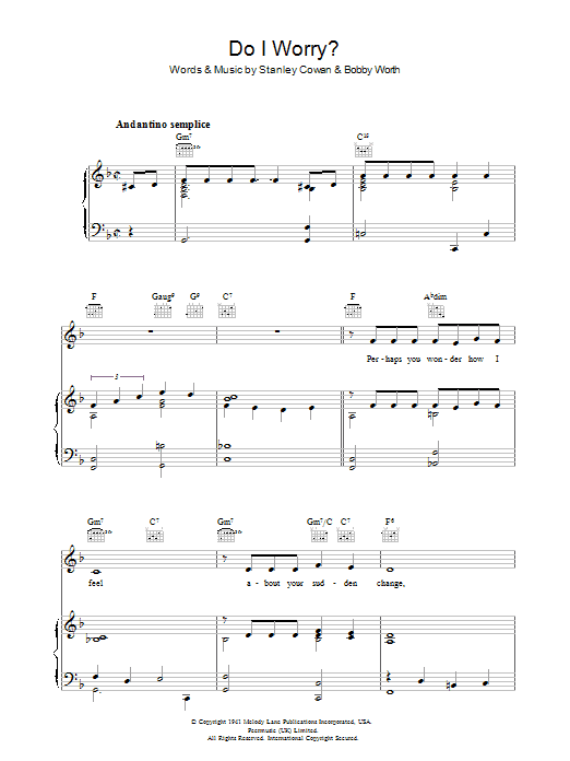 Stanley Cowan Do I Worry Sheet Music Notes & Chords for Piano, Vocal & Guitar (Right-Hand Melody) - Download or Print PDF