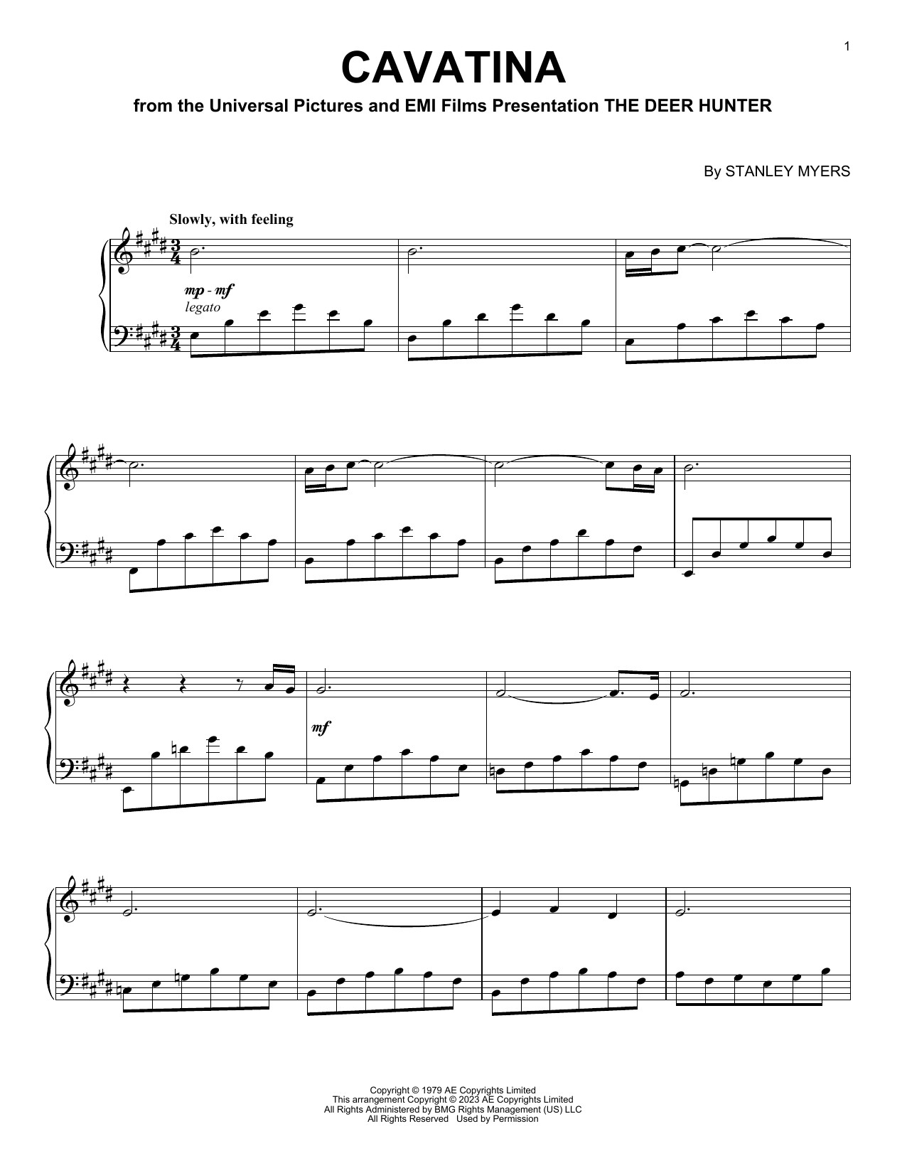 Stanley Myers Cavatina (from The Deer Hunter) sheet music notes and chords. Download Printable PDF.