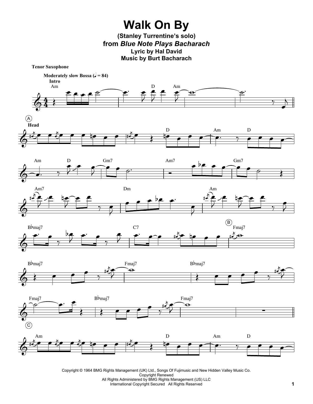 Stanley Turrentine Walk On By Sheet Music Notes & Chords for Tenor Sax Transcription - Download or Print PDF