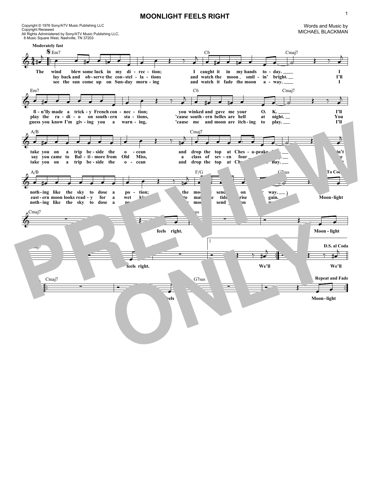 Starbuck Moonlight Feels Right Sheet Music Notes & Chords for Melody Line, Lyrics & Chords - Download or Print PDF
