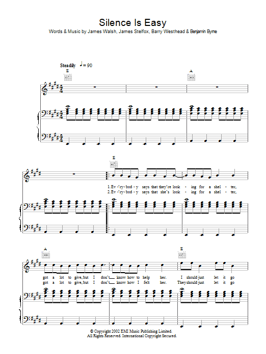 Starsailor Silence Is Easy Sheet Music Notes & Chords for Piano, Vocal & Guitar - Download or Print PDF