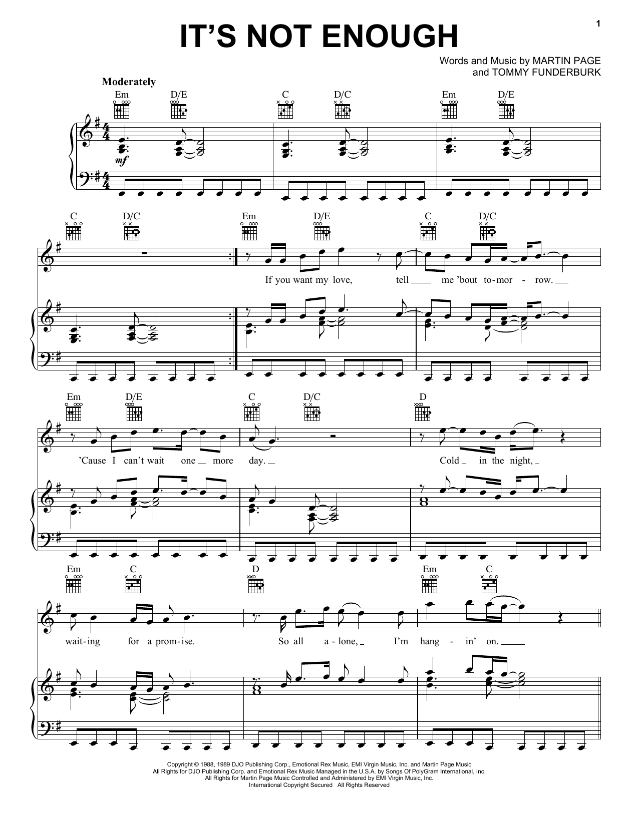 Starship It's Not Enough Sheet Music Notes & Chords for Piano, Vocal & Guitar Chords (Right-Hand Melody) - Download or Print PDF