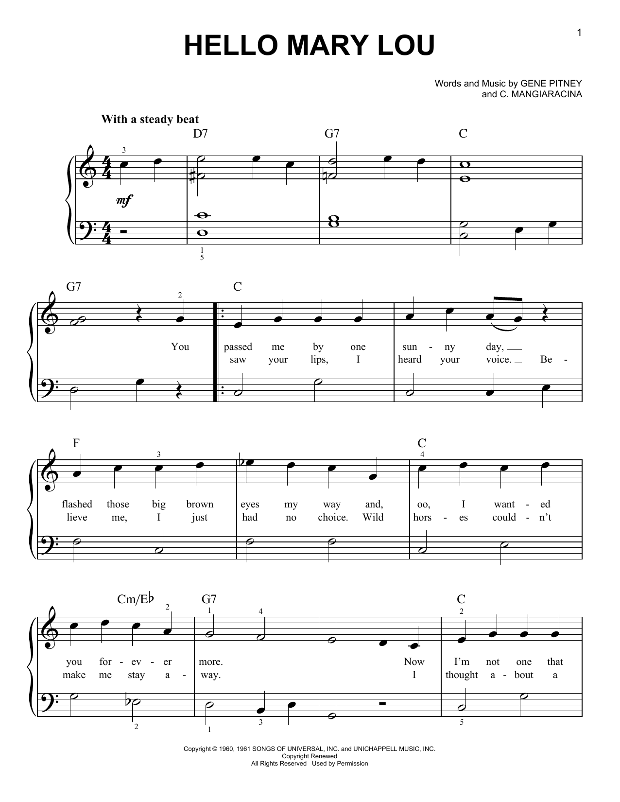 The Statler Brothers Hello Mary Lou Sheet Music Notes & Chords for Easy Piano - Download or Print PDF