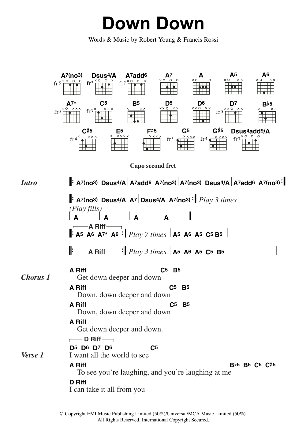 Status Quo Down Down Sheet Music Notes & Chords for Guitar Chords/Lyrics - Download or Print PDF