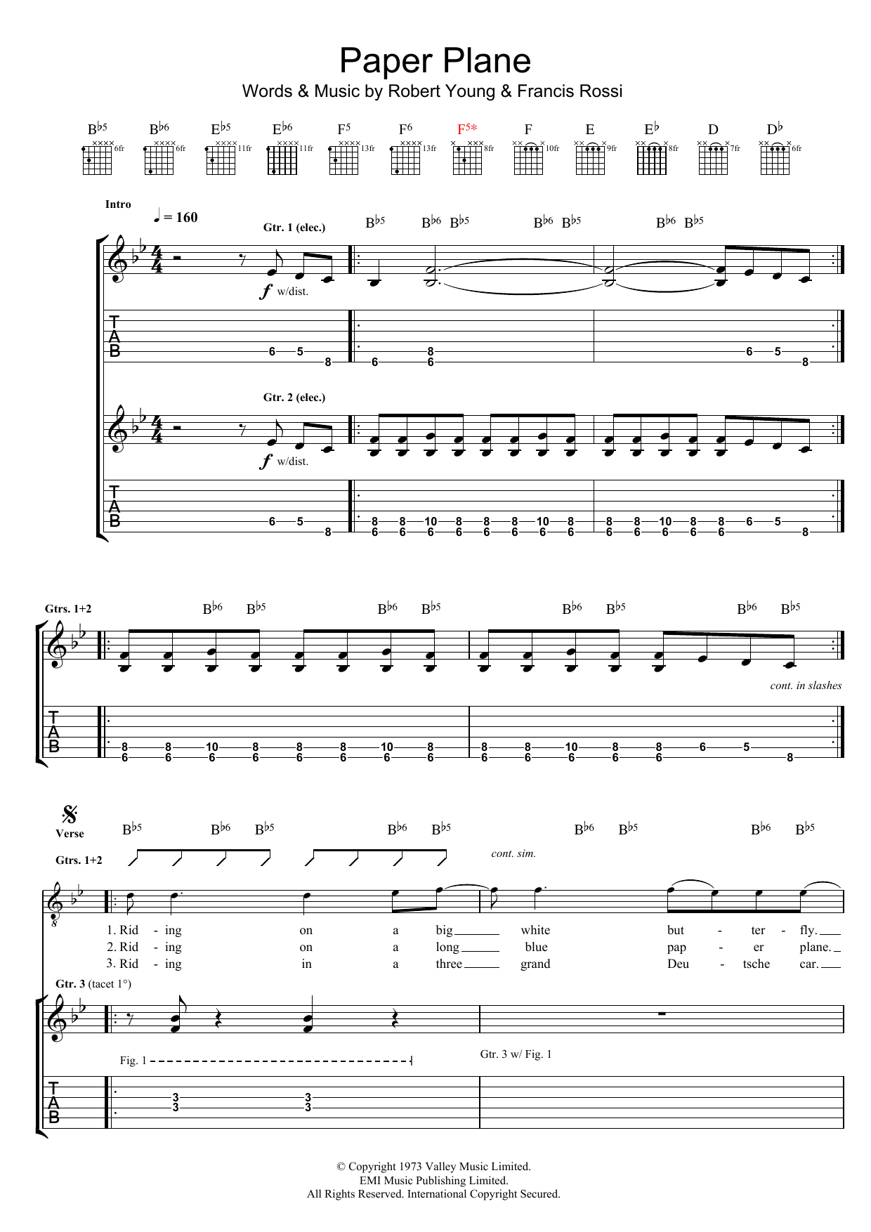 Status Quo Paper Plane Sheet Music Notes & Chords for Lyrics & Chords - Download or Print PDF