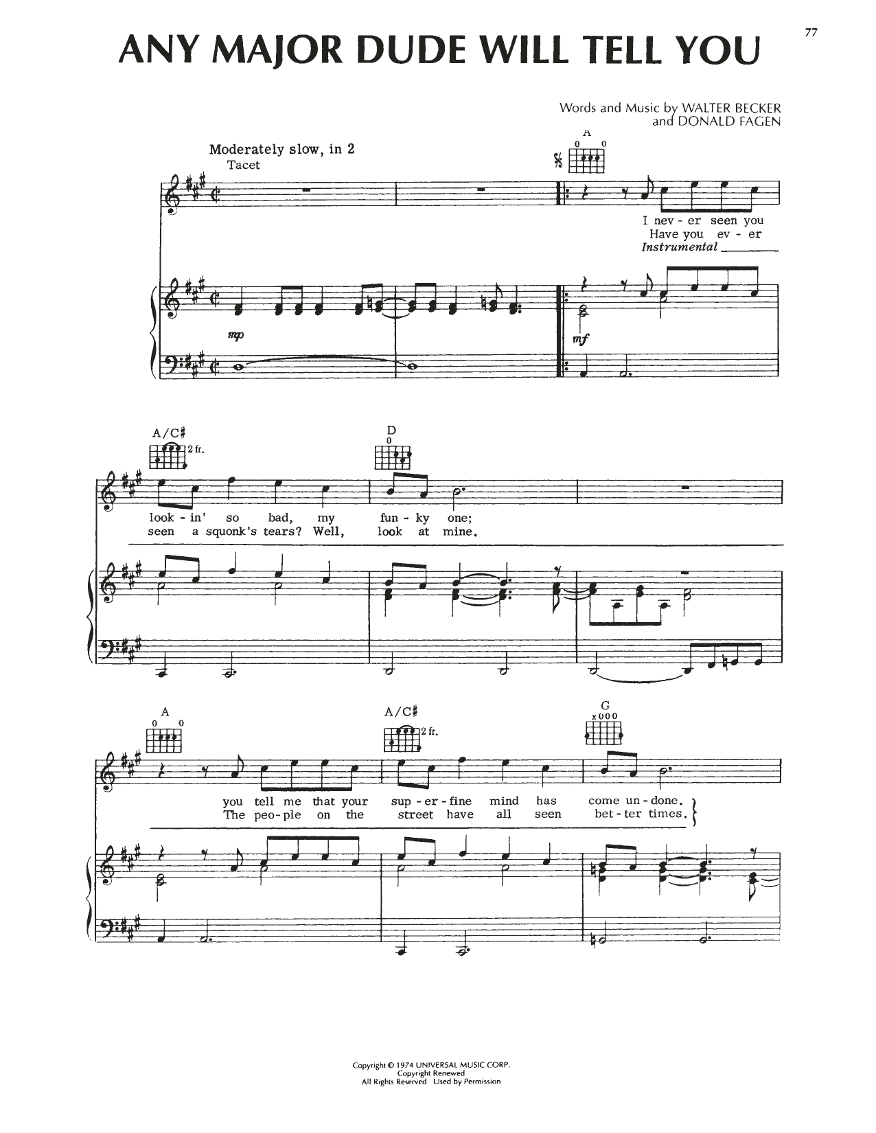 Steely Dan Any Major Dude Will Tell You Sheet Music Notes & Chords for Piano, Vocal & Guitar (Right-Hand Melody) - Download or Print PDF