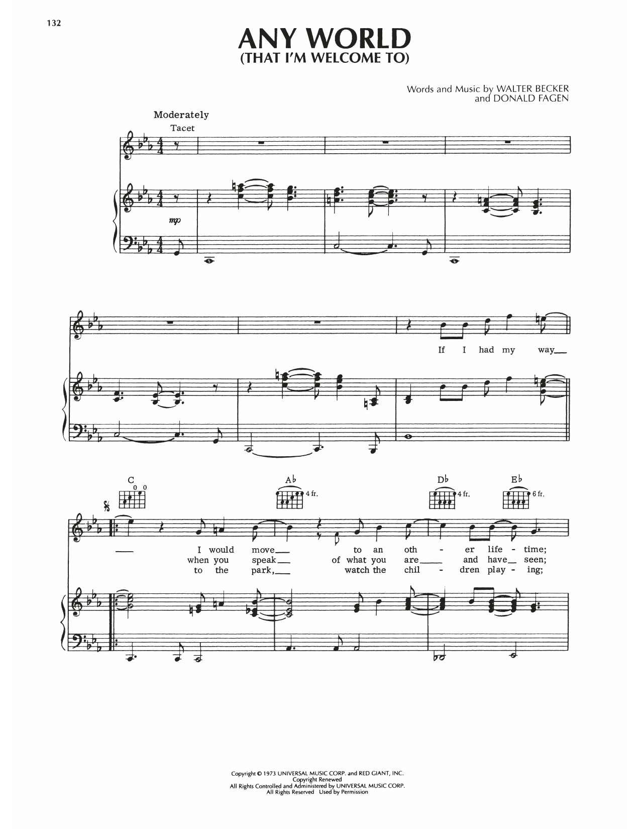 Steely Dan Any World (That I'm Welcome To) Sheet Music Notes & Chords for Piano, Vocal & Guitar (Right-Hand Melody) - Download or Print PDF