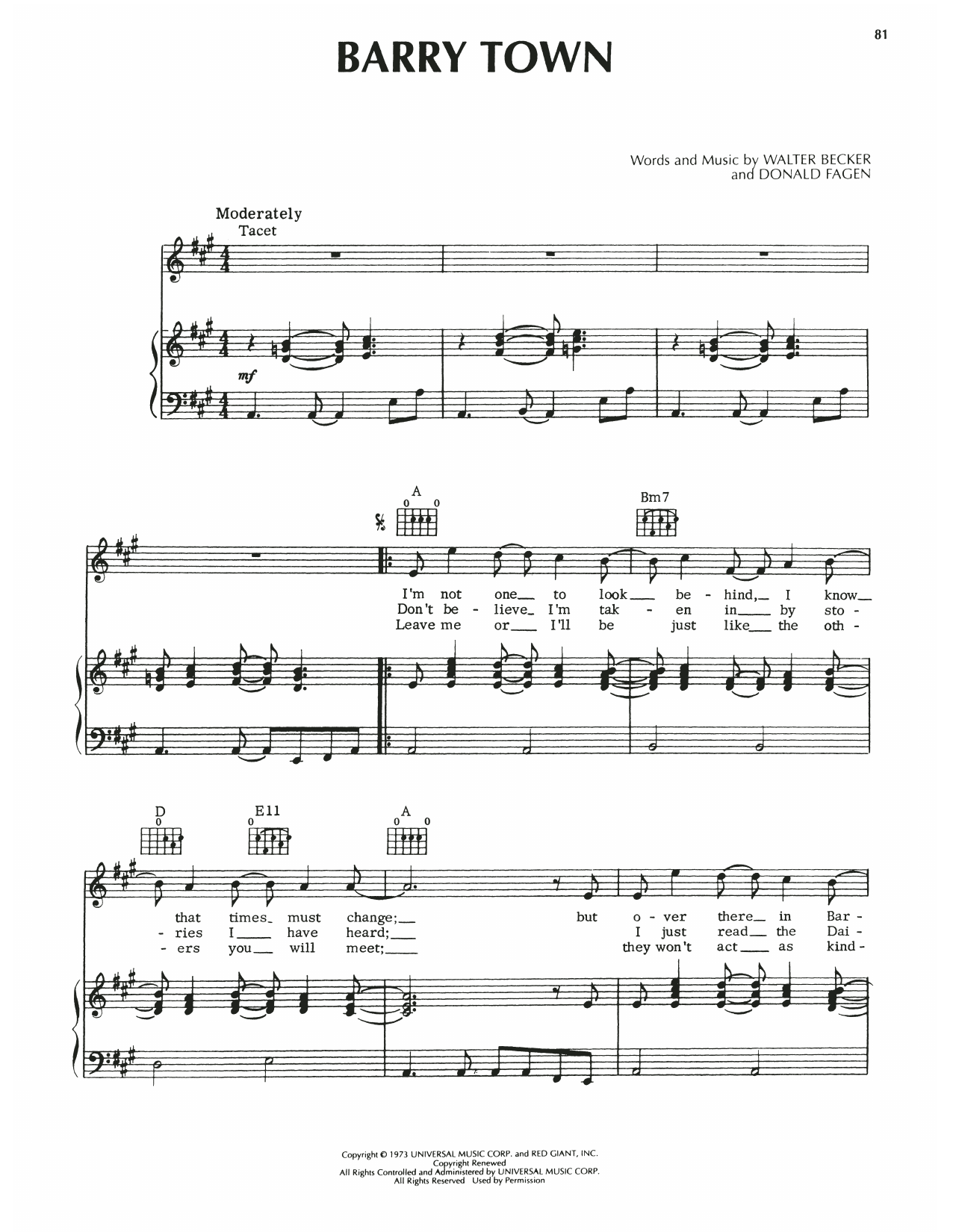 Steely Dan Barry Town Sheet Music Notes & Chords for Piano, Vocal & Guitar (Right-Hand Melody) - Download or Print PDF