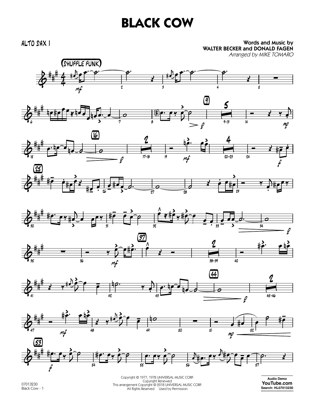 Steely Dan Black Cow (arr. Mike Tomaro) - Alto Sax 1 Sheet Music Notes & Chords for Jazz Ensemble - Download or Print PDF
