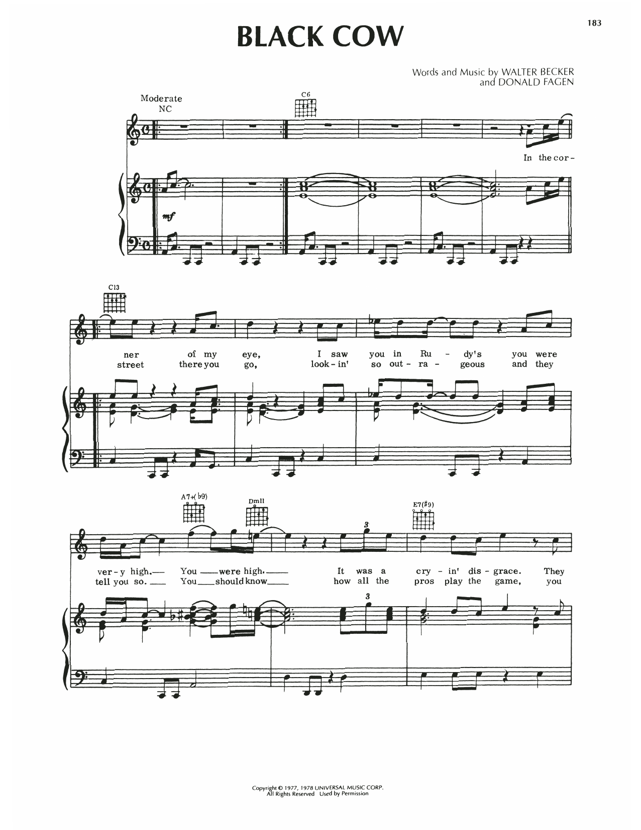 Steely Dan Black Cow Sheet Music Notes & Chords for Piano, Vocal & Guitar (Right-Hand Melody) - Download or Print PDF