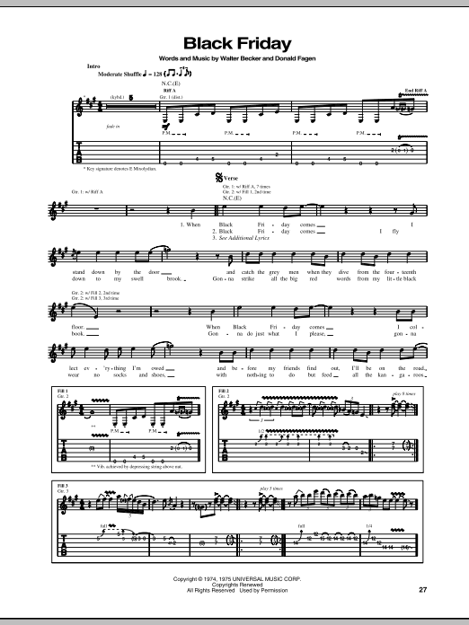 Steely Dan Black Friday Sheet Music Notes & Chords for Piano, Vocal & Guitar (Right-Hand Melody) - Download or Print PDF