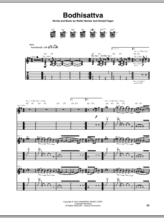 Steely Dan Bodhisattva Sheet Music Notes & Chords for Easy Guitar Tab - Download or Print PDF