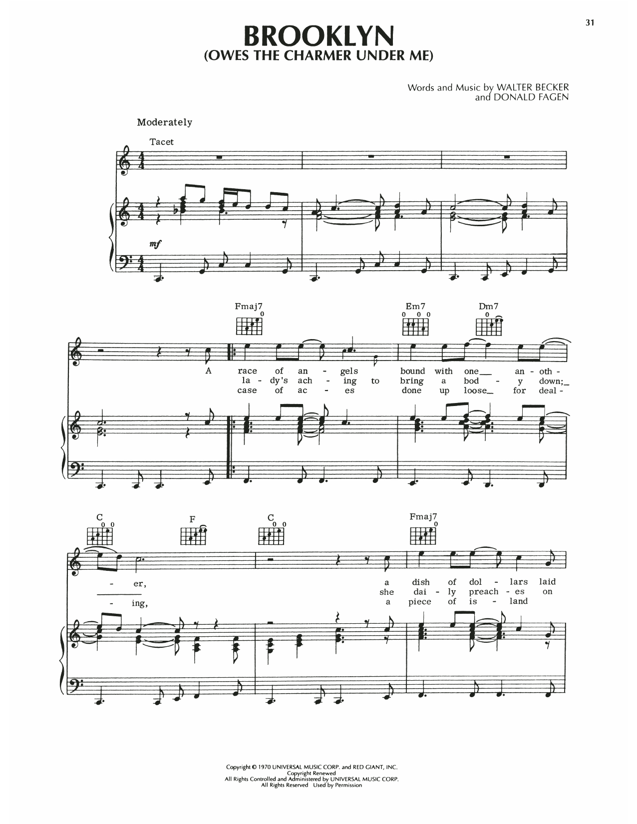 Steely Dan Brooklyn (Owes The Charmer Under Me) Sheet Music Notes & Chords for Piano, Vocal & Guitar (Right-Hand Melody) - Download or Print PDF