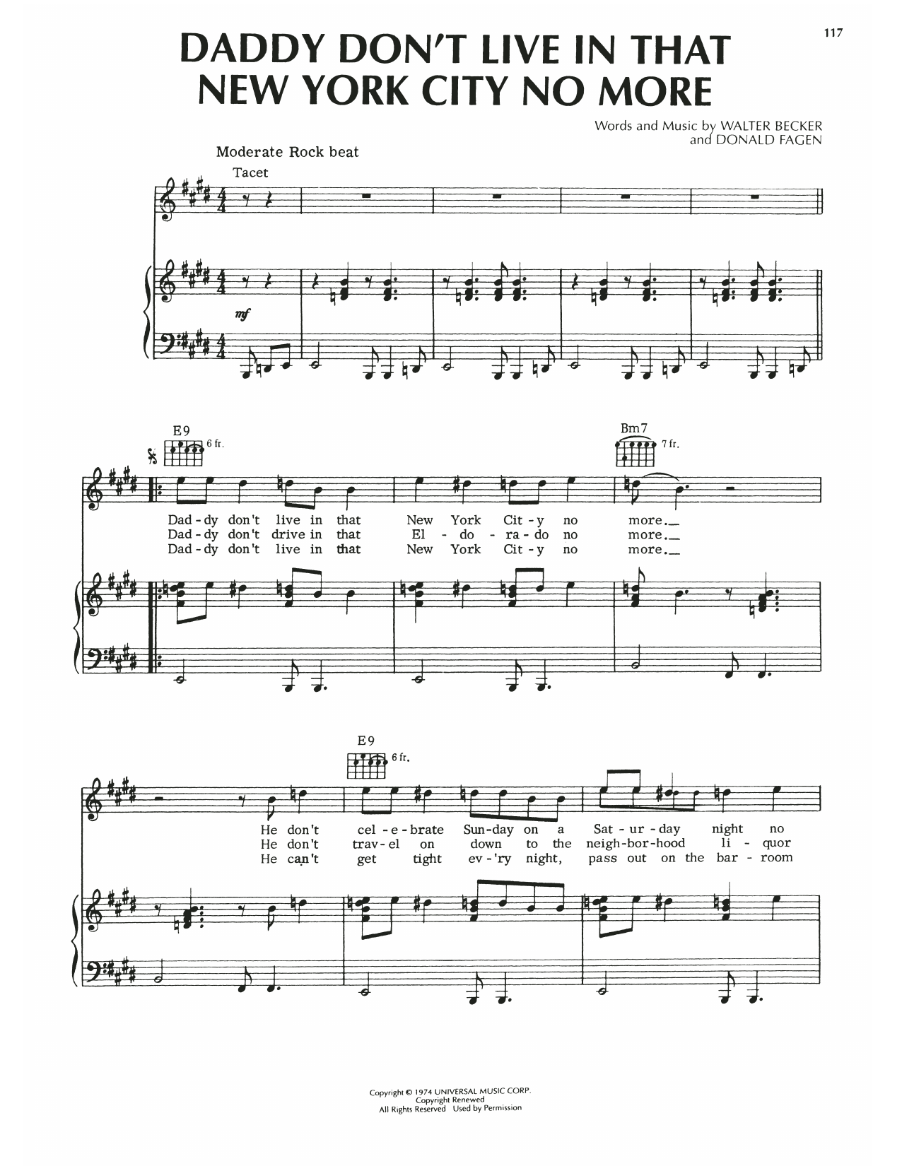 Steely Dan Daddy Don't Live In That New York City No More Sheet Music Notes & Chords for Piano, Vocal & Guitar (Right-Hand Melody) - Download or Print PDF