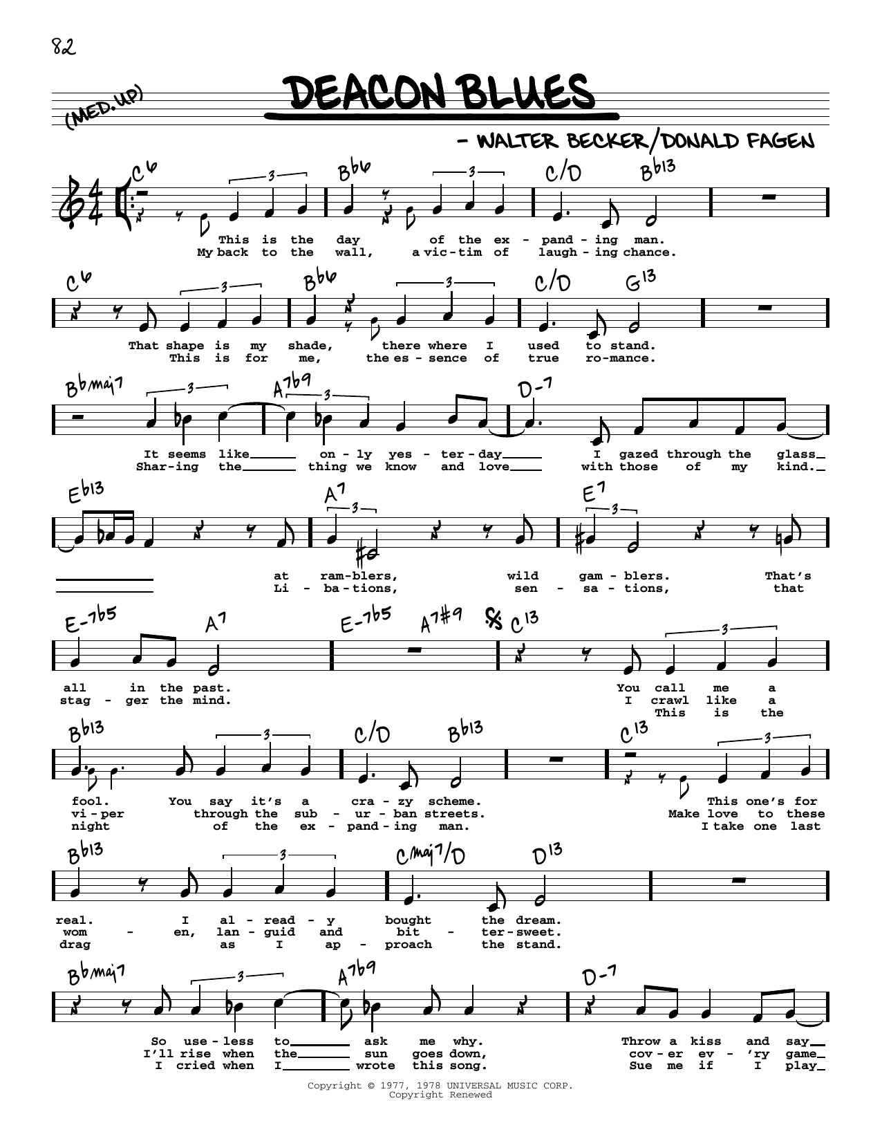 Steely Dan Deacon Blues (High Voice) Sheet Music Notes & Chords for Real Book – Melody, Lyrics & Chords - Download or Print PDF
