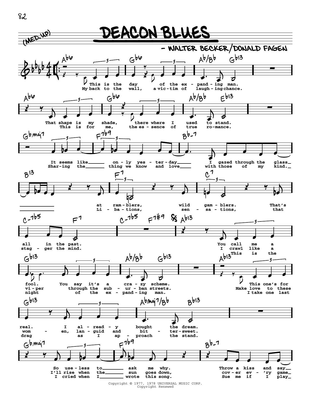 Steely Dan Deacon Blues (Low Voice) Sheet Music Notes & Chords for Real Book – Melody, Lyrics & Chords - Download or Print PDF