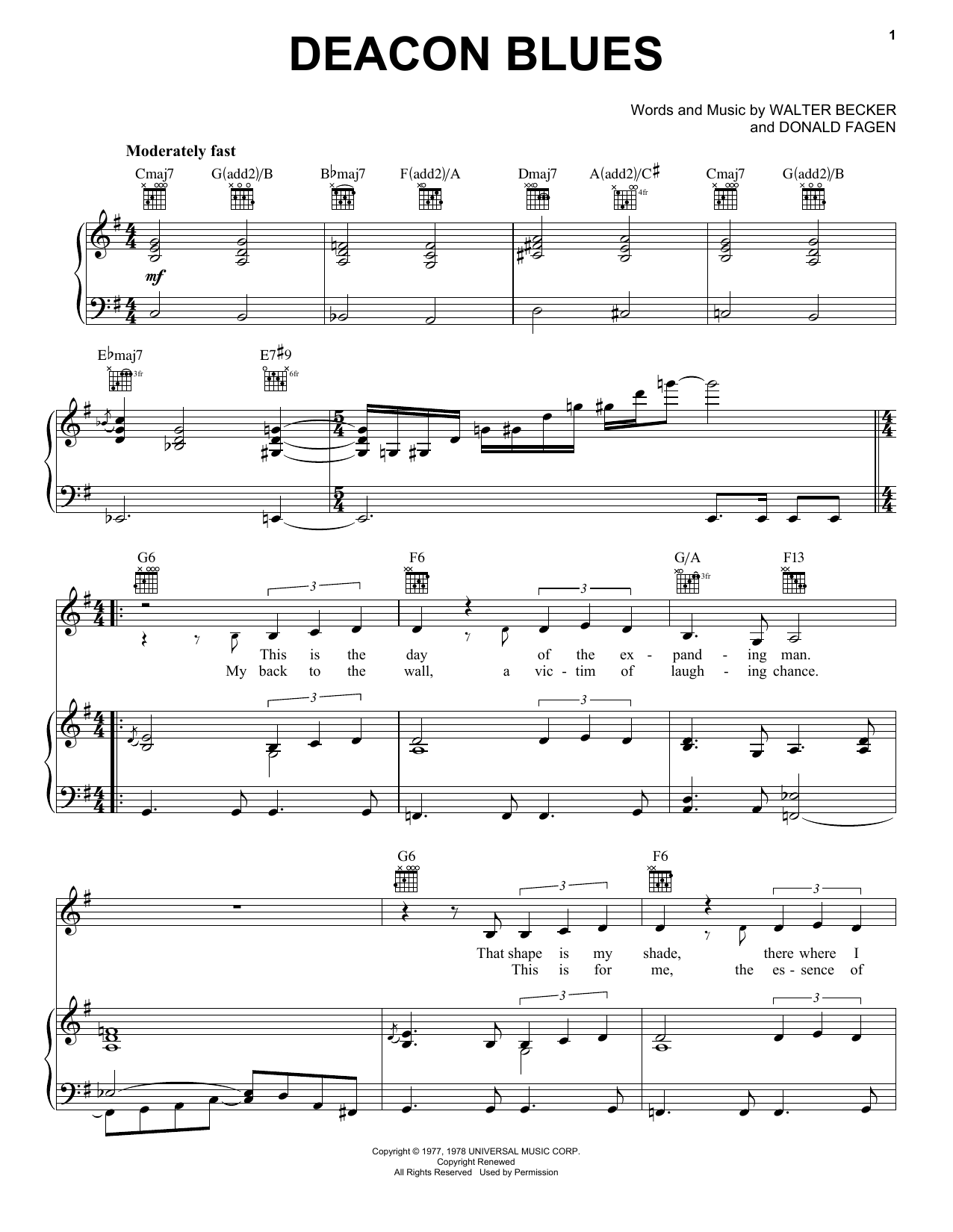Steely Dan Deacon Blues Sheet Music Notes & Chords for Piano, Vocal & Guitar (Right-Hand Melody) - Download or Print PDF