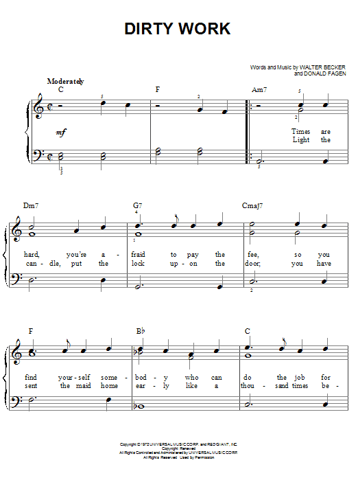 Steely Dan Dirty Work Sheet Music Notes & Chords for Piano, Vocal & Guitar (Right-Hand Melody) - Download or Print PDF