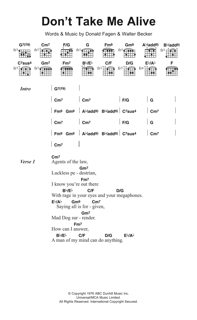 Steely Dan Don't Take Me Alive Sheet Music Notes & Chords for Piano, Vocal & Guitar (Right-Hand Melody) - Download or Print PDF