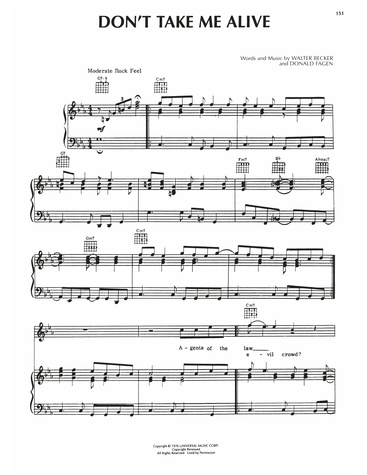 Steely Dan Don't Take Me Alive Sheet Music Notes & Chords for Piano, Vocal & Guitar (Right-Hand Melody) - Download or Print PDF