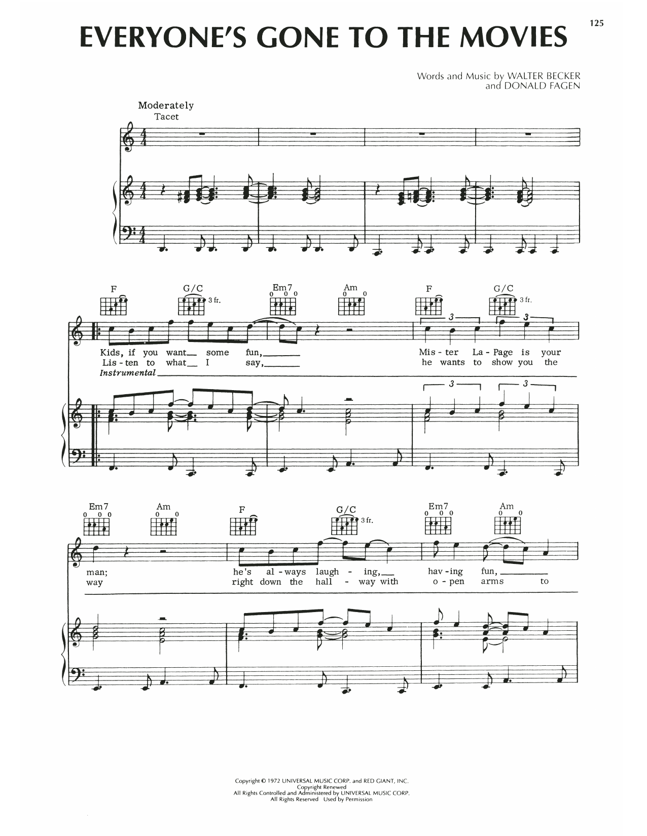 Steely Dan Everyone's Gone To The Movies Sheet Music Notes & Chords for Piano, Vocal & Guitar (Right-Hand Melody) - Download or Print PDF