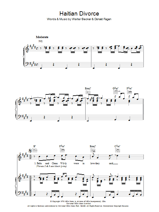 Steely Dan Haitian Divorce Sheet Music Notes & Chords for Piano, Vocal & Guitar (Right-Hand Melody) - Download or Print PDF