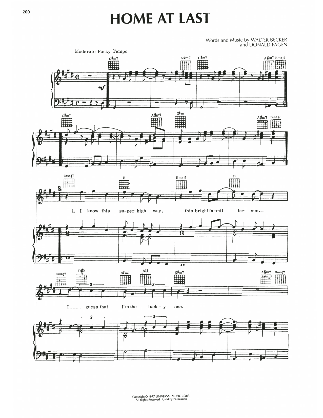Steely Dan Home At Last Sheet Music Notes & Chords for Piano, Vocal & Guitar (Right-Hand Melody) - Download or Print PDF