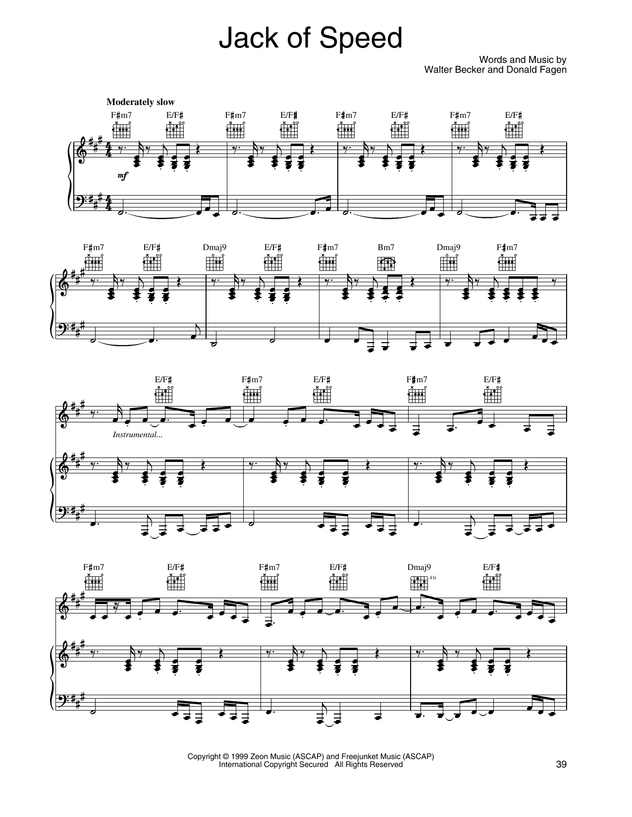 Steely Dan Jack Of Speed Sheet Music Notes & Chords for Piano, Vocal & Guitar Chords (Right-Hand Melody) - Download or Print PDF