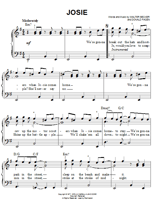 Steely Dan Josie Sheet Music Notes & Chords for Piano, Vocal & Guitar (Right-Hand Melody) - Download or Print PDF