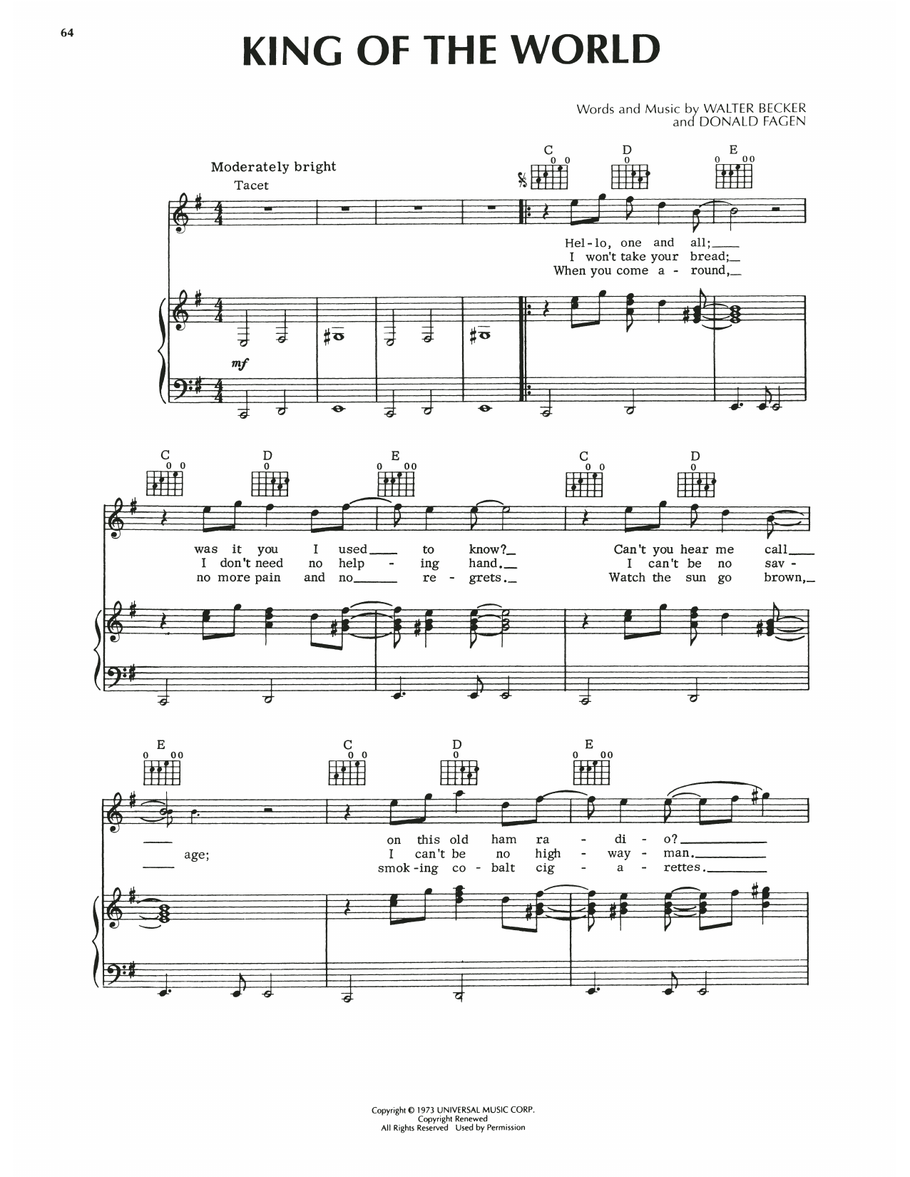 Steely Dan King Of The World Sheet Music Notes & Chords for Piano, Vocal & Guitar (Right-Hand Melody) - Download or Print PDF