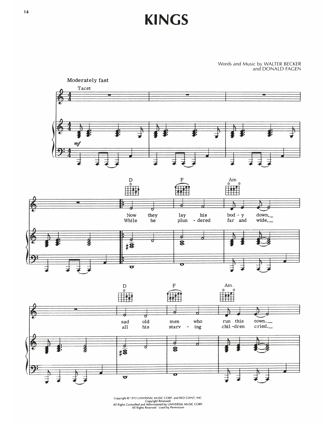Steely Dan Kings Sheet Music Notes & Chords for Piano, Vocal & Guitar (Right-Hand Melody) - Download or Print PDF
