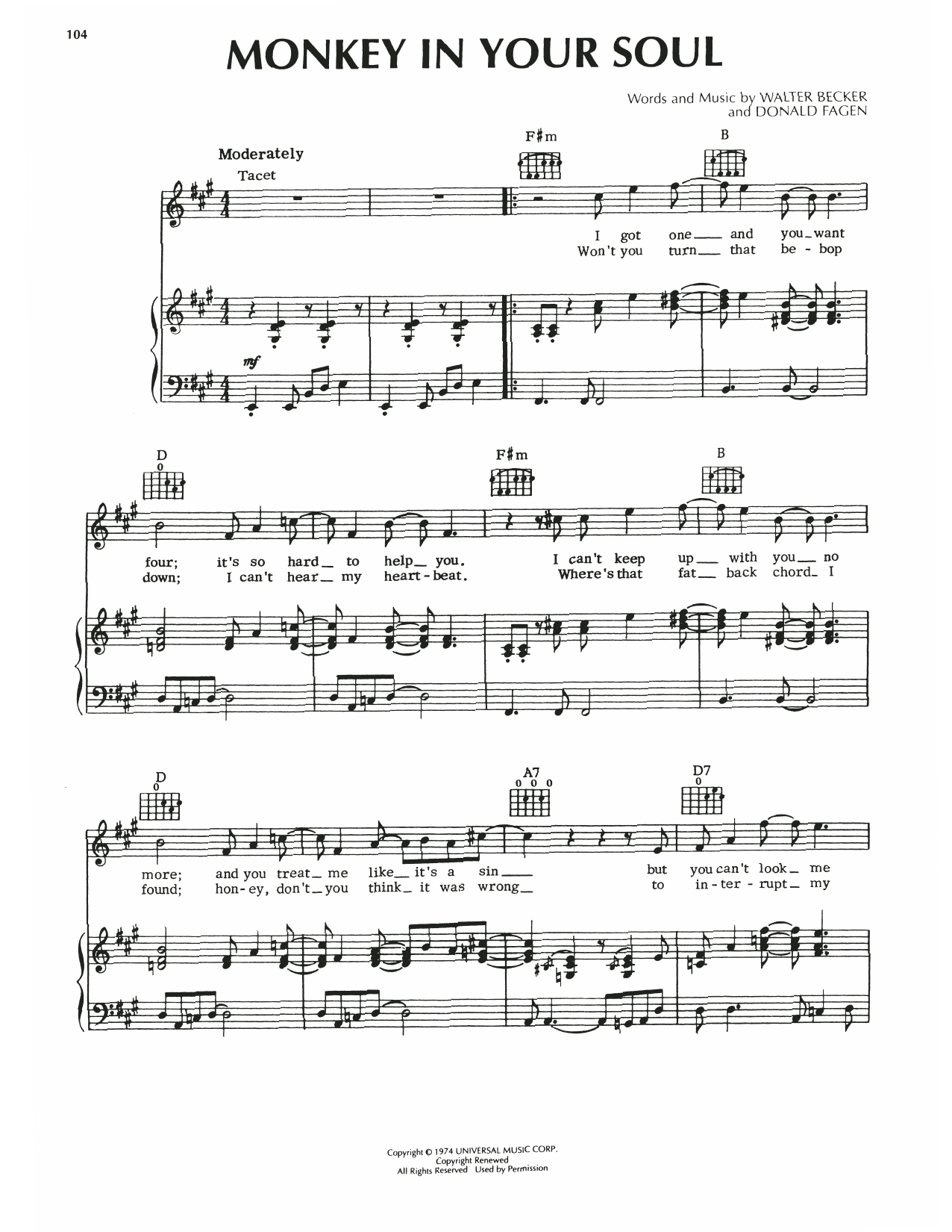 Steely Dan Monkey In Your Soul Sheet Music Notes & Chords for Piano, Vocal & Guitar (Right-Hand Melody) - Download or Print PDF