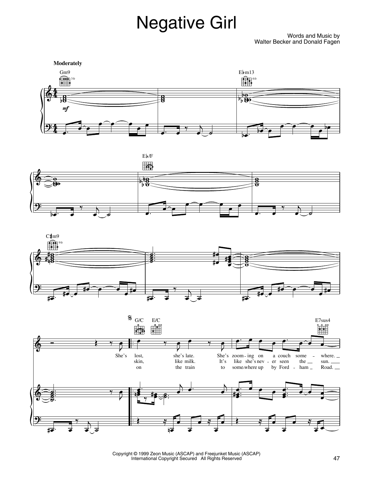 Steely Dan Negative Girl Sheet Music Notes & Chords for Piano, Vocal & Guitar Chords (Right-Hand Melody) - Download or Print PDF