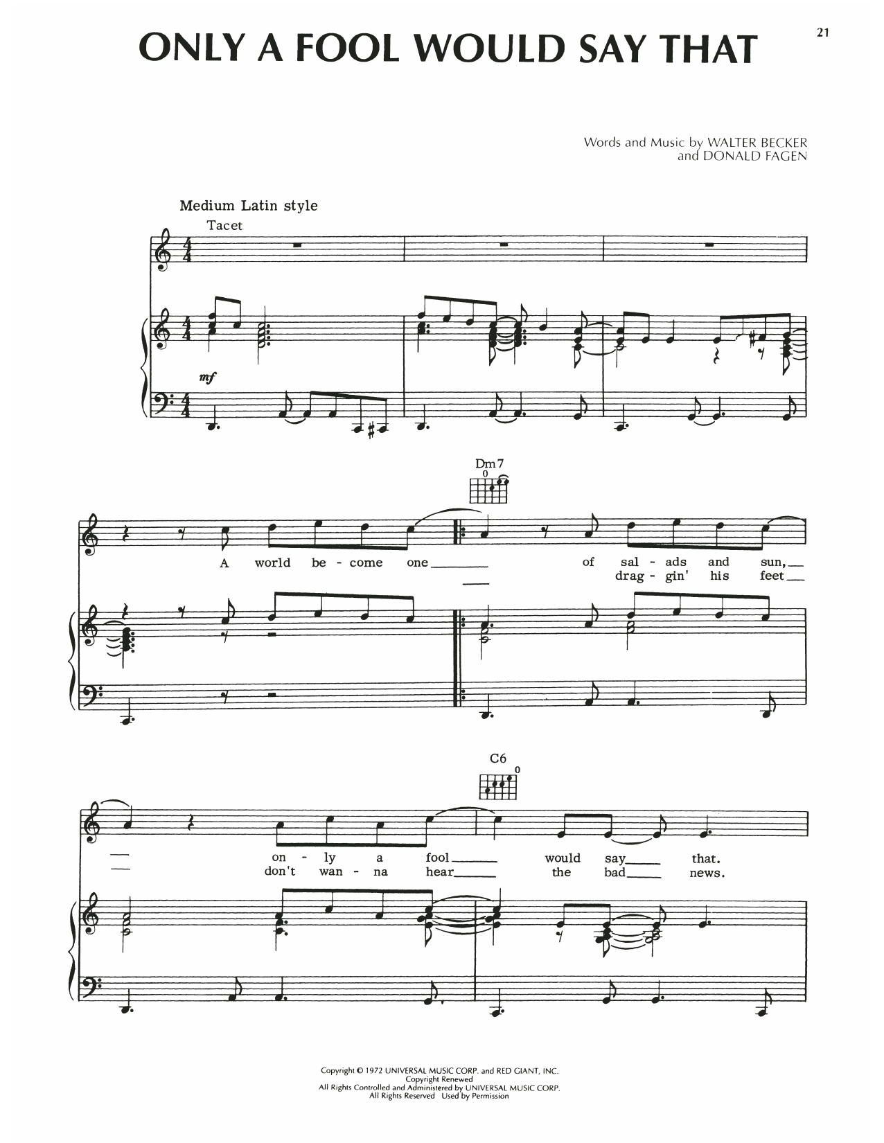 Steely Dan Only A Fool Would Say That Sheet Music Notes & Chords for Piano, Vocal & Guitar (Right-Hand Melody) - Download or Print PDF