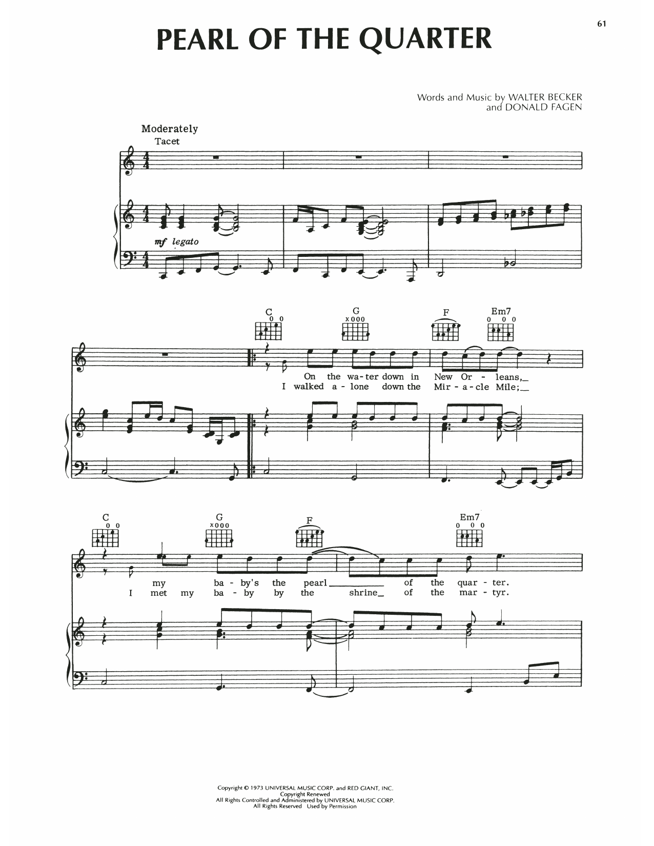 Steely Dan Pearl Of The Quarter Sheet Music Notes & Chords for Piano, Vocal & Guitar (Right-Hand Melody) - Download or Print PDF