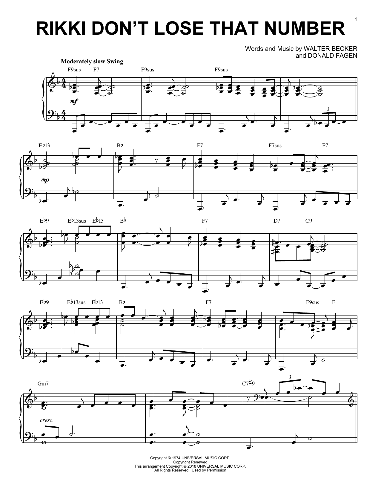 Steely Dan Rikki Don't Lose That Number [Jazz version] Sheet Music Notes & Chords for Piano - Download or Print PDF