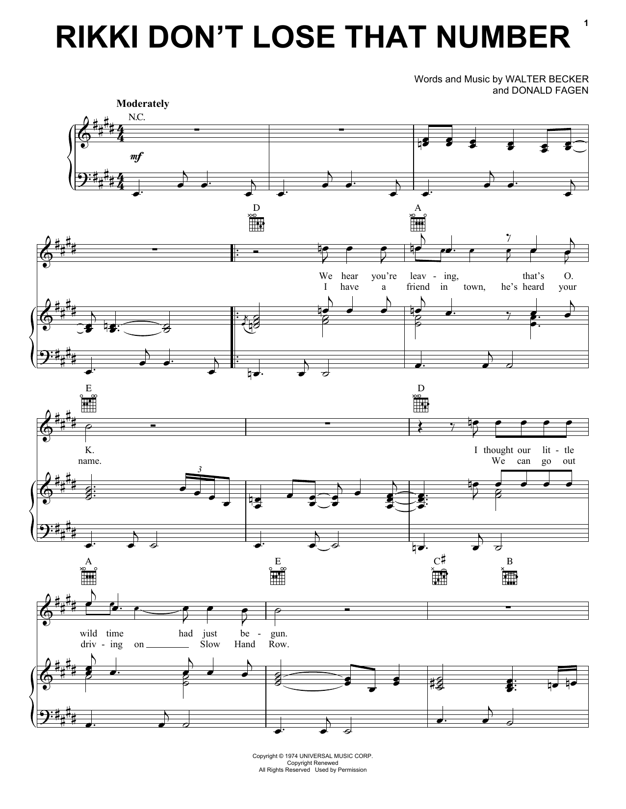 Steely Dan Rikki Don't Lose That Number Sheet Music Notes & Chords for Lyrics & Chords - Download or Print PDF