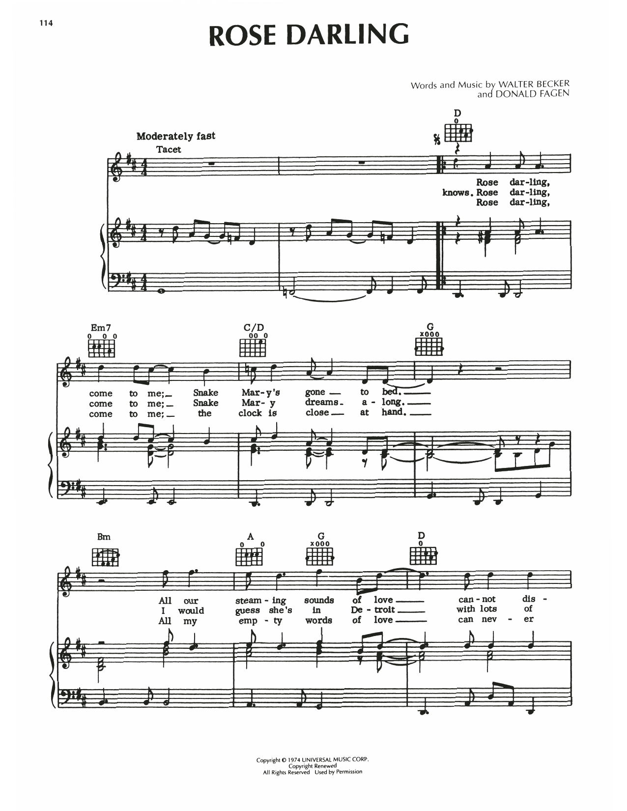 Steely Dan Rose Darling Sheet Music Notes & Chords for Piano, Vocal & Guitar (Right-Hand Melody) - Download or Print PDF