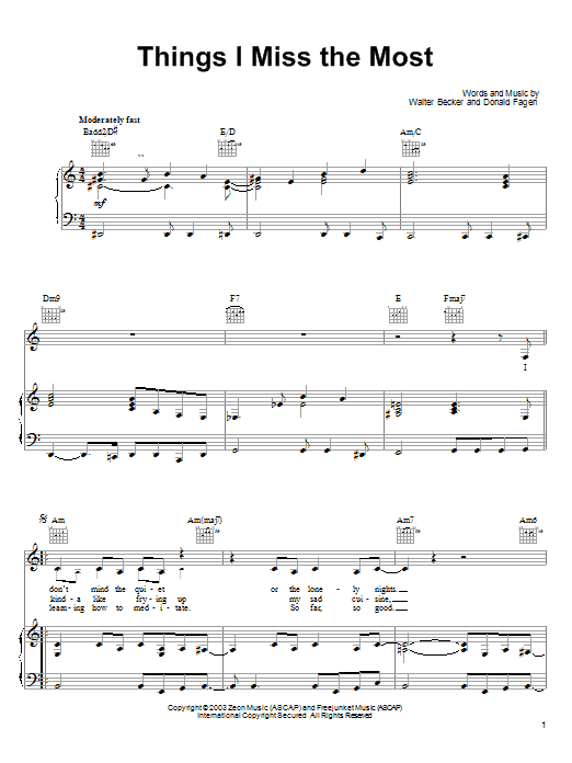 Steely Dan Things I Miss The Most Sheet Music Notes & Chords for Piano, Vocal & Guitar (Right-Hand Melody) - Download or Print PDF