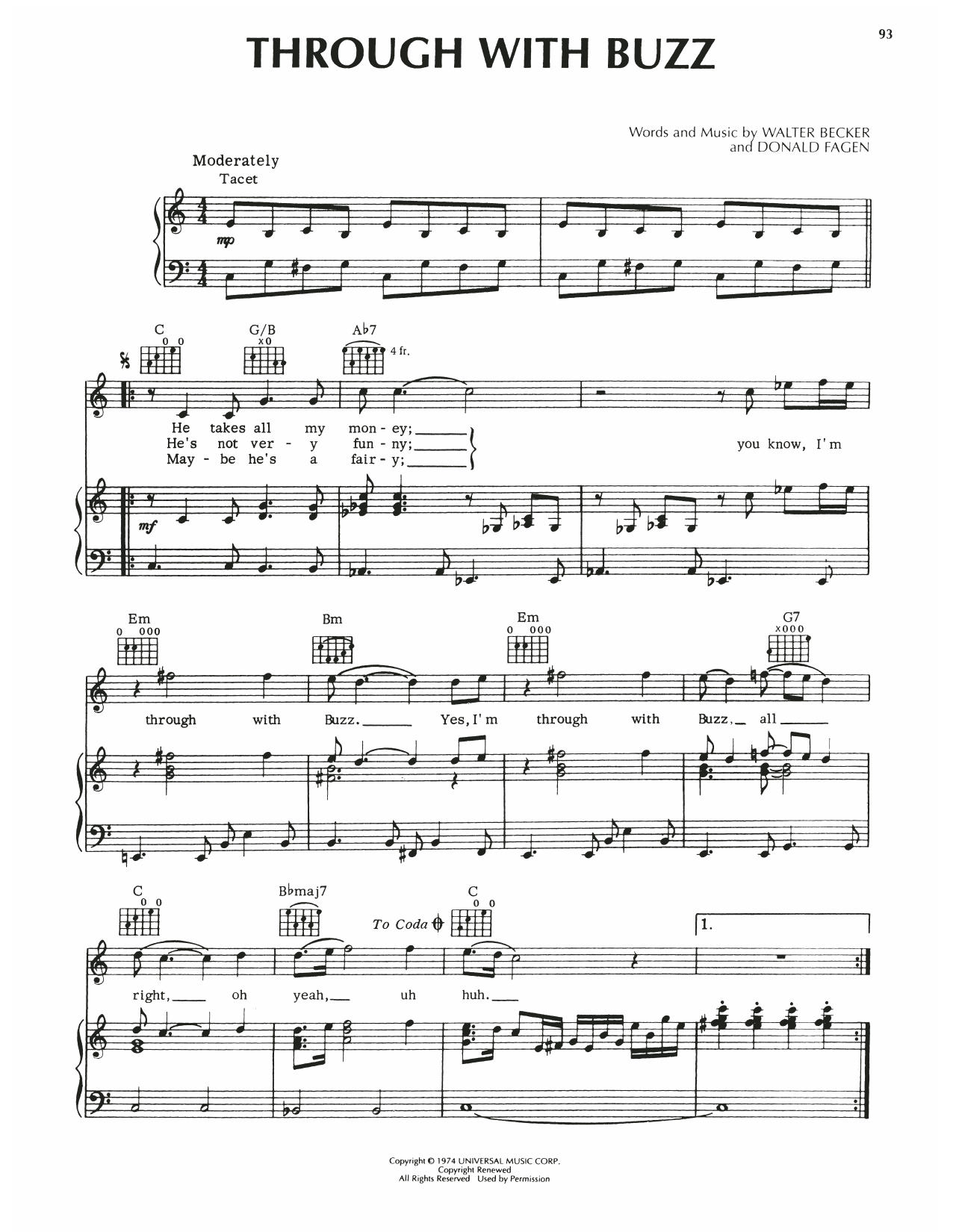 Steely Dan Through With Buzz Sheet Music Notes & Chords for Piano, Vocal & Guitar (Right-Hand Melody) - Download or Print PDF