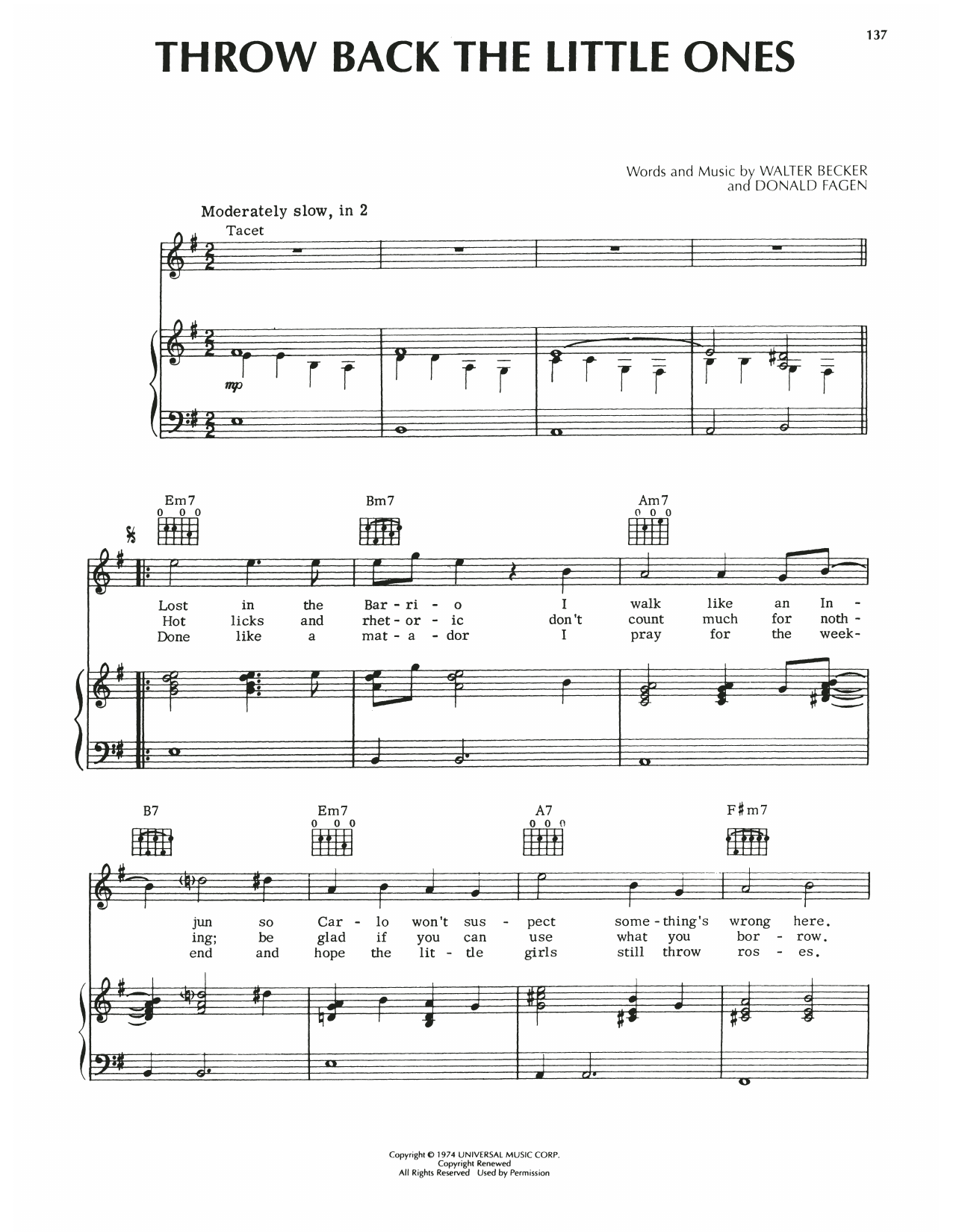 Steely Dan Throw Back The Little Ones Sheet Music Notes & Chords for Piano, Vocal & Guitar (Right-Hand Melody) - Download or Print PDF
