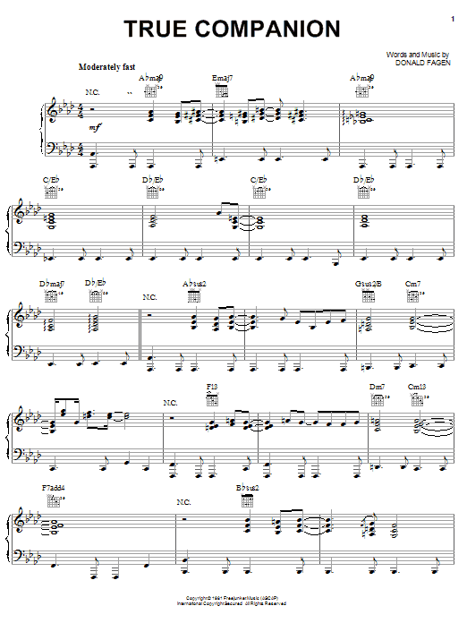 Steely Dan True Companion Sheet Music Notes & Chords for Piano, Vocal & Guitar (Right-Hand Melody) - Download or Print PDF