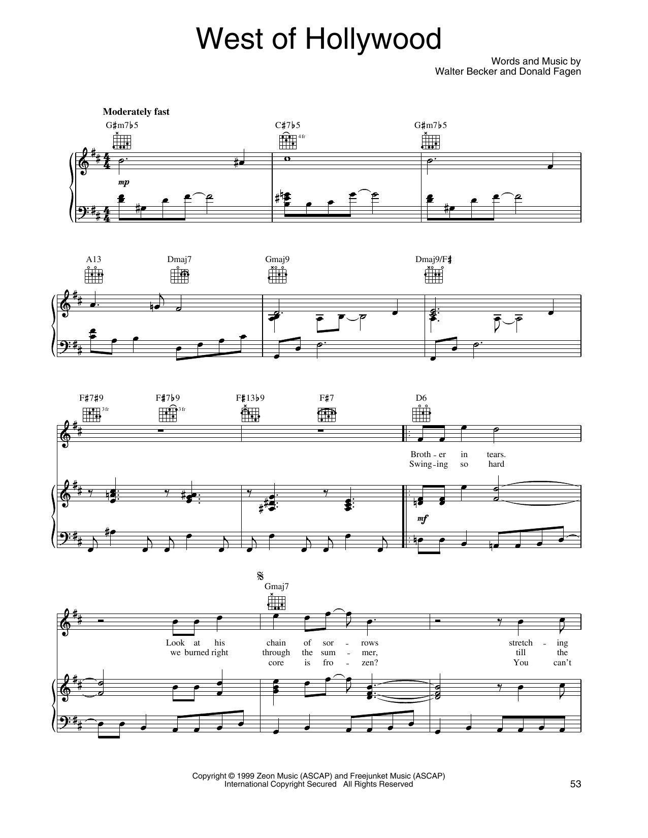 Steely Dan West Of Hollywood Sheet Music Notes & Chords for Piano, Vocal & Guitar Chords (Right-Hand Melody) - Download or Print PDF