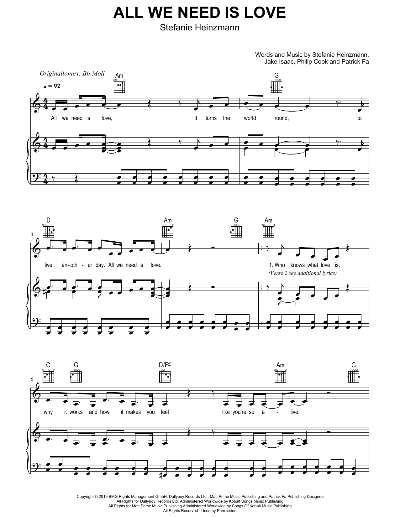 Stefanie Heinzmann All We Need Is Love Sheet Music Notes & Chords for Piano, Vocal & Guitar Chords (Right-Hand Melody) - Download or Print PDF
